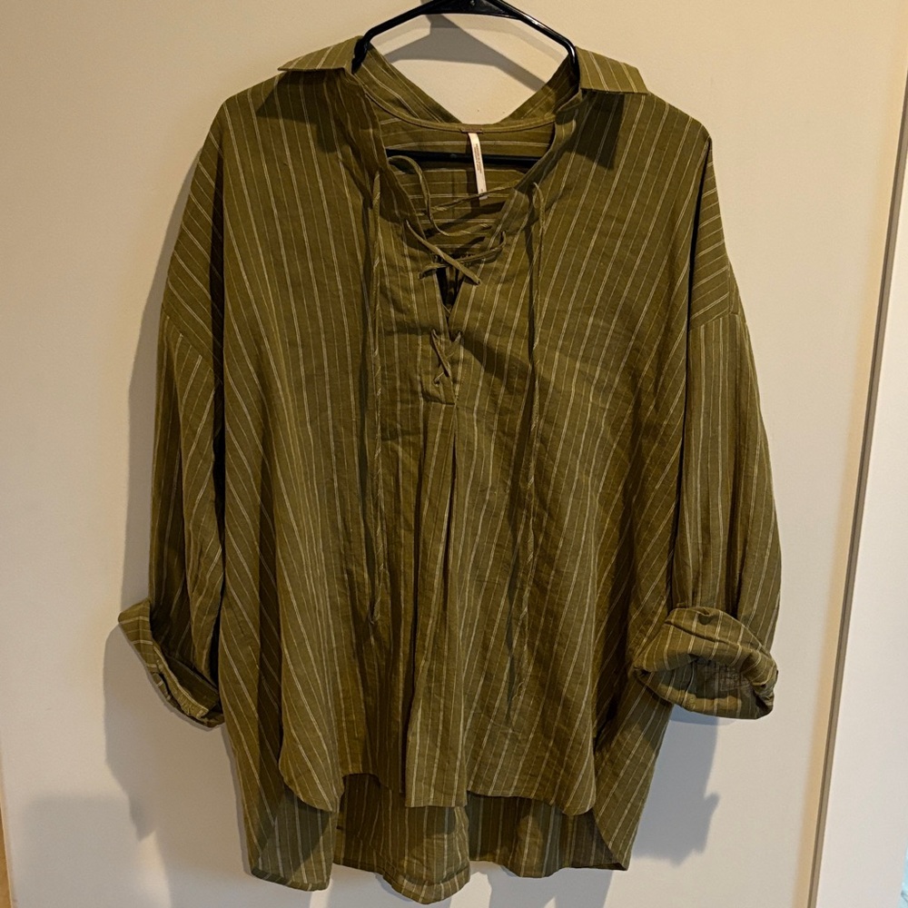 Free People Olive Green Striped Oversized Blouse